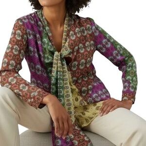 Zara Mixed Patchwork Print Tie-Neck Blouse with Gold Charms SIZE SMALL